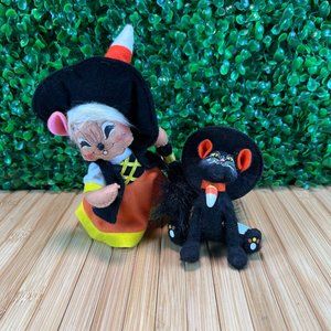 Annalee Halloween Pair 7" Mouse Witch Candy Corn Hat Broom & 4.5" Cat